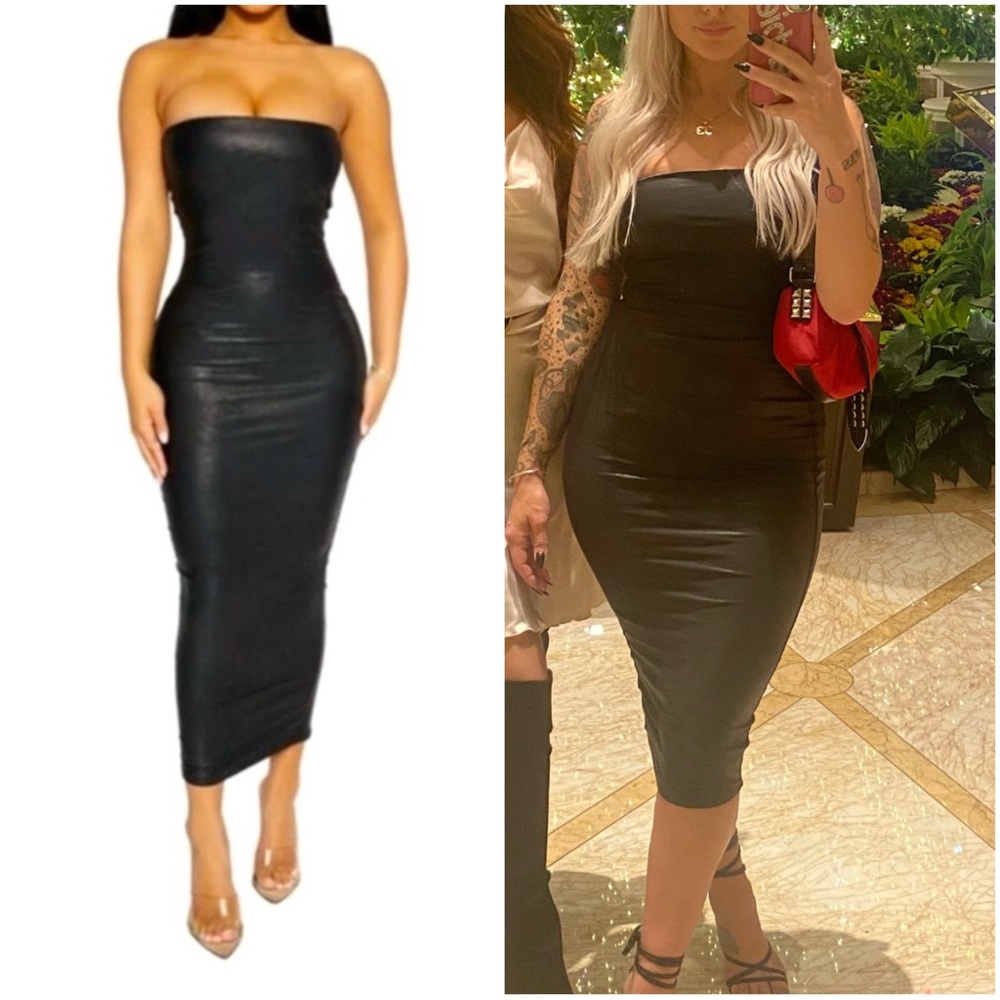 Naked Wardrobe black faux leather tube dress bodycon shiny medium